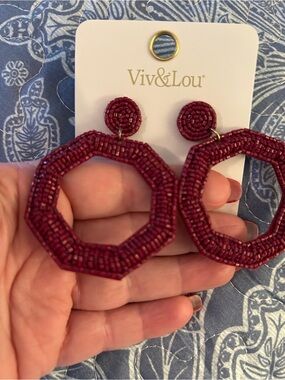Viv & Lou Burgundy Beaded Octagon Hoop Earrings